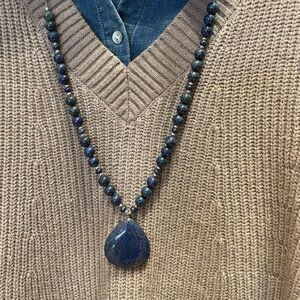 Lapis Lazuli Blue Beaded Necklace with Pendant Sterling silver approximate 32”